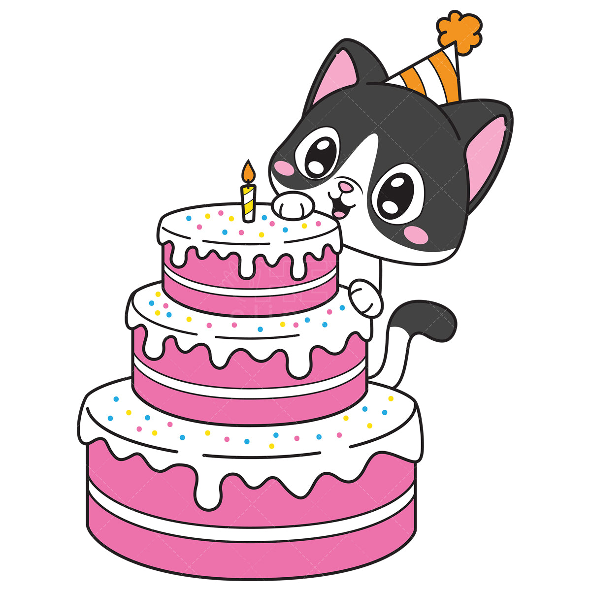 Royalty-free vector illustration of a birthday cat behind large cake.