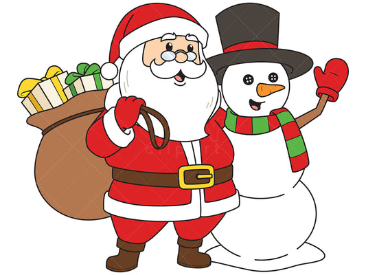 Royalty-free vector illustration of a santa claus hugging snowman.