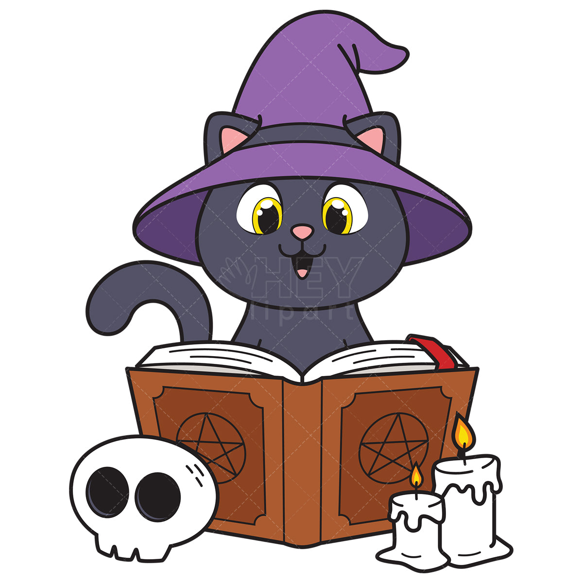 Royalty-free vector illustration of a witch cat with spell book.