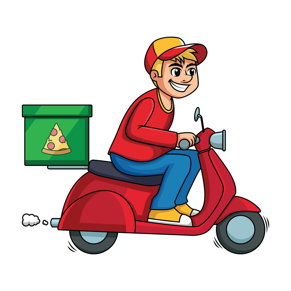 Pizza delivery guy driving scooter. PNG - JPG and vector EPS (infinitely scalable). Image isolated on transparent background.