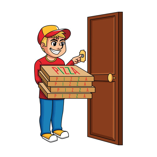 Pizza delivery boy ringing doorbell . PNG - JPG and vector EPS (infinitely scalable). Image isolated on transparent background.