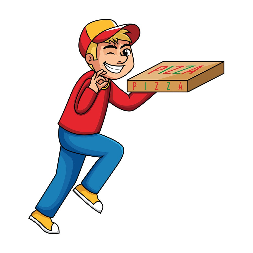 Pizza delivery boy winking. PNG - JPG and vector EPS (infinitely scalable). Image isolated on transparent background.