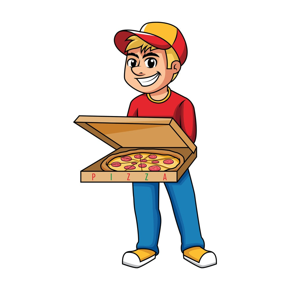 Delivery boy holding open pizza box. PNG - JPG and vector EPS (infinitely scalable). Image isolated on transparent background.