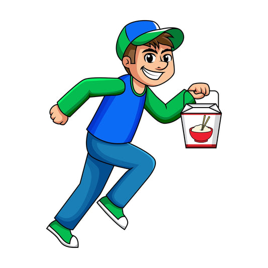Delivery boy holding chinese food box. PNG - JPG and vector EPS (infinitely scalable). Image isolated on transparent background.