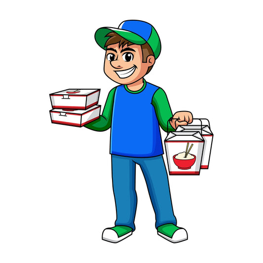 Delivery guy holding asian food boxes. PNG - JPG and vector EPS (infinitely scalable). Image isolated on transparent background.