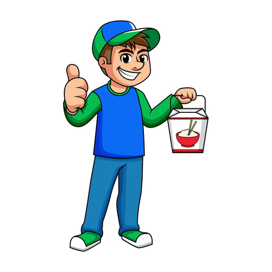Asian food delivery boy thumbs up. PNG - JPG and vector EPS (infinitely scalable). Image isolated on transparent background.