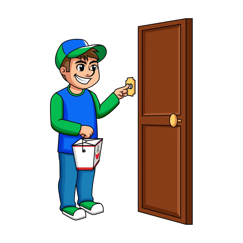 Asian food delivery boy ringing doorbell. PNG - JPG and vector EPS (infinitely scalable). Image isolated on transparent background.