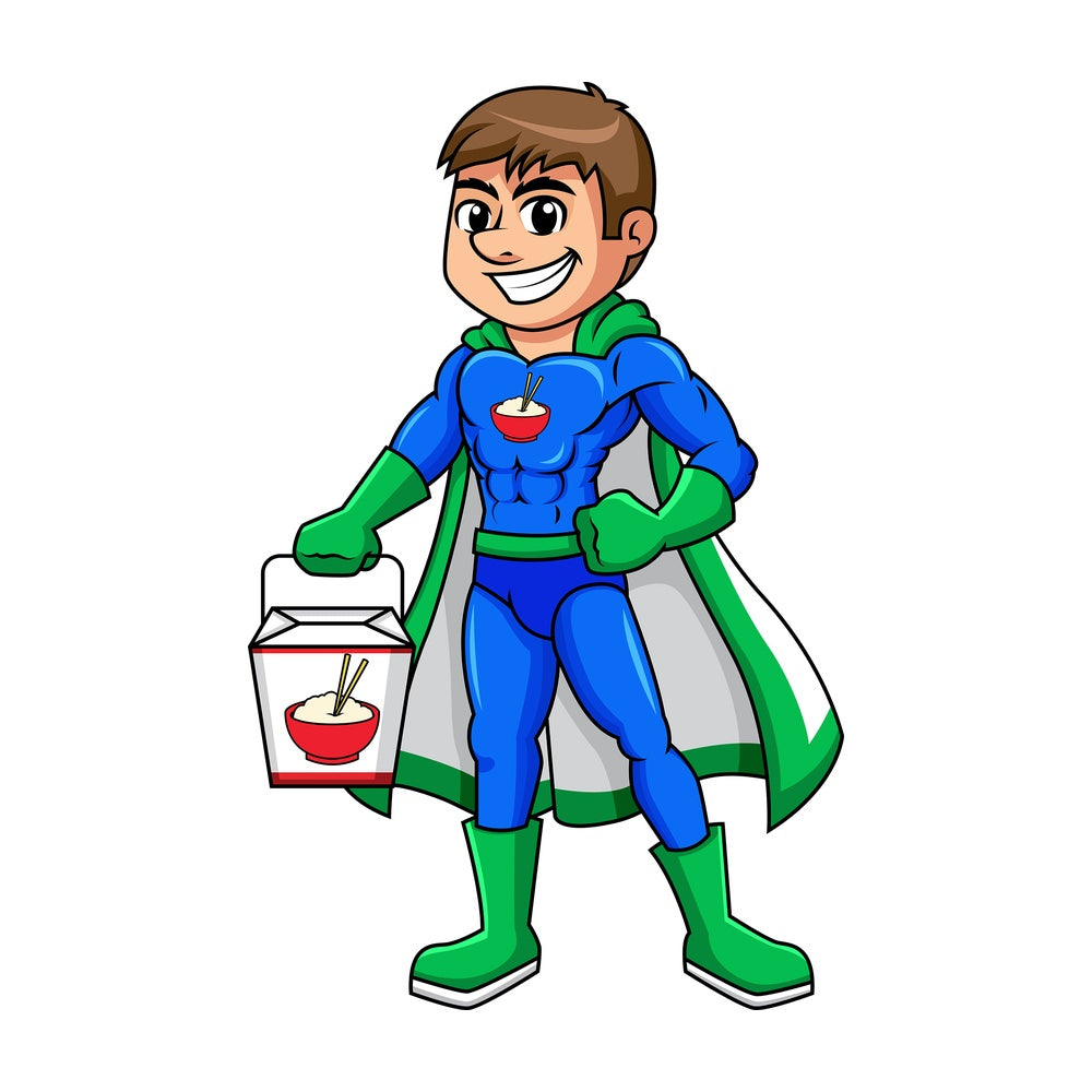 Superhero chinese food delivery boy. PNG - JPG and vector EPS (infinitely scalable). Image isolated on transparent background.