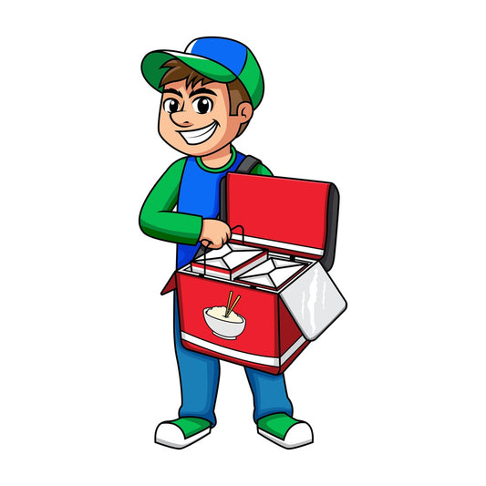 Guy delivering chinese food. PNG - JPG and vector EPS (infinitely scalable). Image isolated on transparent background.