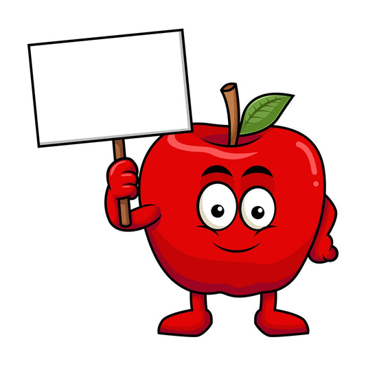 Apple cartoon character holding blank sign. PNG - JPG and vector EPS (infinitely scalable). Image isolated on transparent background.