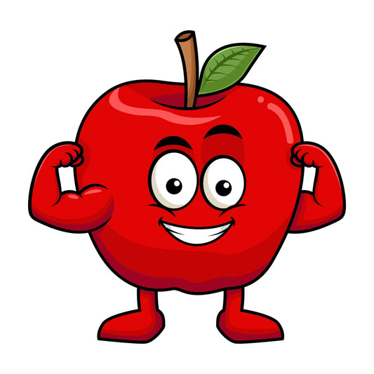 Apple cartoon character flexing muscles. PNG - JPG and vector EPS (infinitely scalable). Image isolated on transparent background.