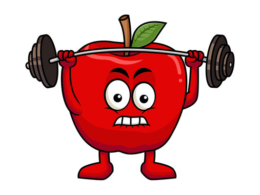 Apple cartoon character lifting weights. PNG - JPG and vector EPS (infinitely scalable). Image isolated on transparent background.