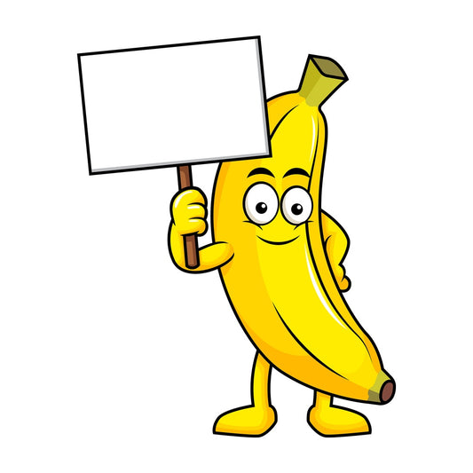 Banana cartoon character holding blank sign. PNG - JPG and vector EPS (infinitely scalable). Image isolated on transparent background.
