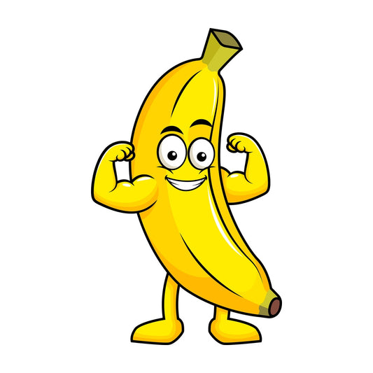 Banana cartoon character flexing muscles. PNG - JPG and vector EPS (infinitely scalable). Image isolated on transparent background.