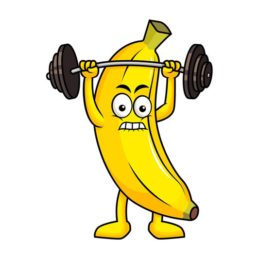 Banana cartoon character lifting weights. PNG - JPG and vector EPS (infinitely scalable). Image isolated on transparent background.