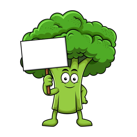 Broccoli cartoon character holding blank sign. PNG - JPG and vector EPS (infinitely scalable). Image isolated on transparent background.