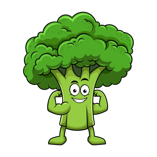 Broccoli cartoon character flexing muscles. PNG - JPG and vector EPS (infinitely scalable). Image isolated on transparent background.