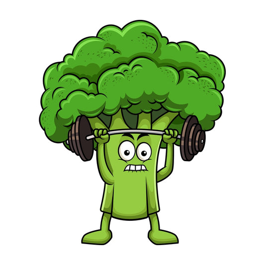 Broccoli cartoon character lifting weights. PNG - JPG and vector EPS (infinitely scalable). Image isolated on transparent background.