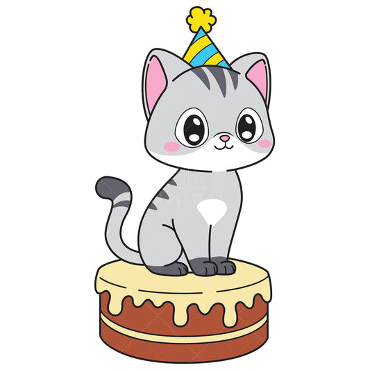 Royalty-free vector illustration of a birthday cat sitting on top of a cake.