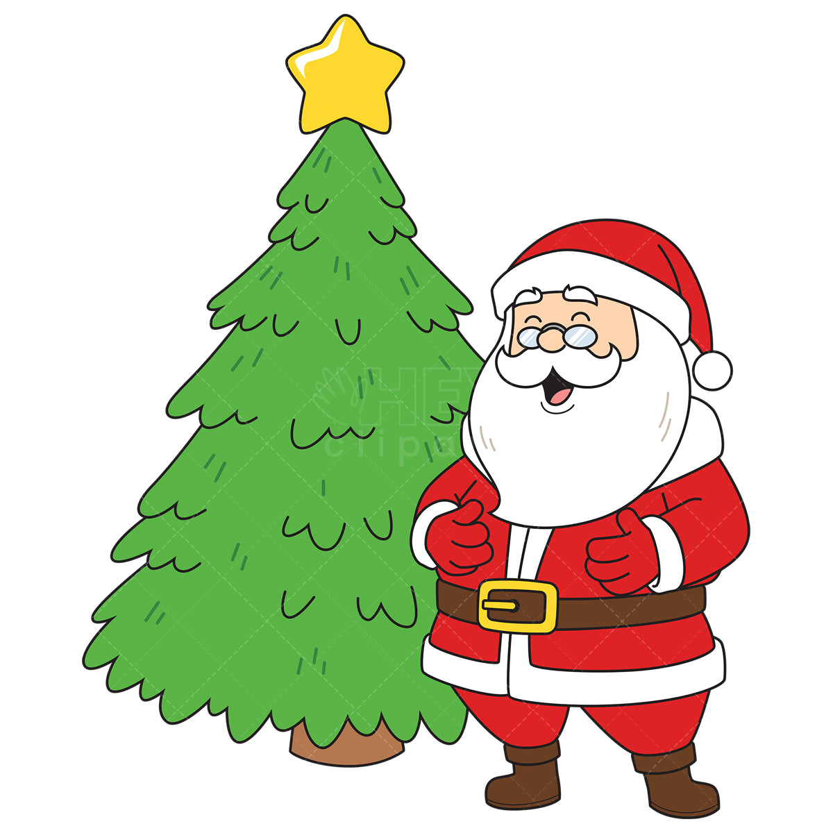 Royalty-free vector illustration of a santa claus next to christmas tree.