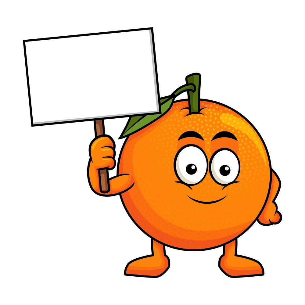 Orange cartoon character holding blank sign. PNG - JPG and vector EPS (infinitely scalable). Image isolated on transparent background.