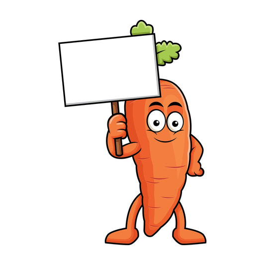 Carrot cartoon character holding blank sign. PNG - JPG and vector EPS (infinitely scalable). Image isolated on transparent background.