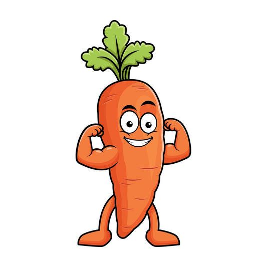 Carrot cartoon character flexing muscles. PNG - JPG and vector EPS (infinitely scalable). Image isolated on transparent background.