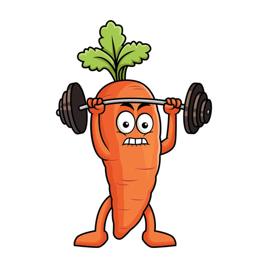 Carrot cartoon character lifting weights. PNG - JPG and vector EPS (infinitely scalable). Image isolated on transparent background.