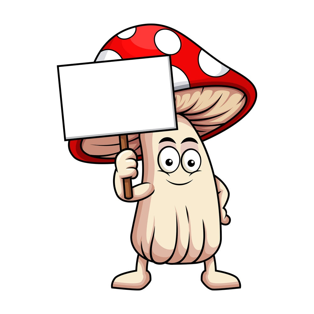 Mushroom cartoon character holding blank sign. PNG - JPG and vector EPS (infinitely scalable). Image isolated on transparent background.