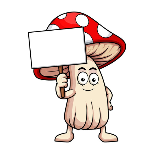 Mushroom cartoon character holding blank sign. PNG - JPG and vector EPS (infinitely scalable). Image isolated on transparent background.