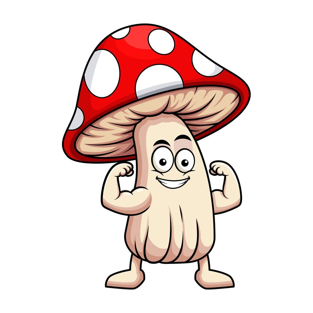 Mushroom cartoon character flexing muscles. PNG - JPG and vector EPS (infinitely scalable). Image isolated on transparent background.