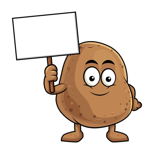 Potato cartoon character holding blank sign. PNG - JPG and vector EPS (infinitely scalable). Image isolated on transparent background.