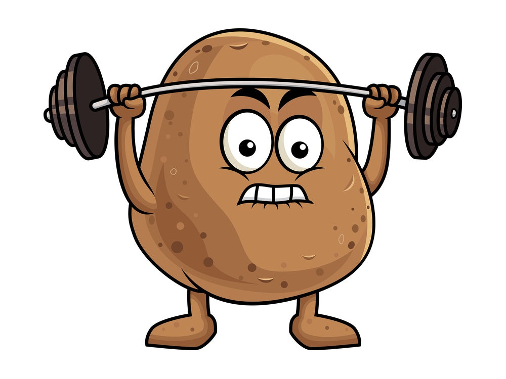 Potato cartoon character lifting weights. PNG - JPG and vector EPS (infinitely scalable). Image isolated on transparent background.
