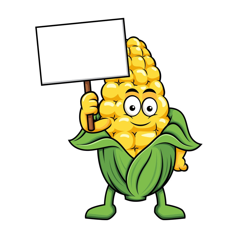Maize cartoon character holding blank sign. PNG - JPG and vector EPS (infinitely scalable). Image isolated on transparent background.
