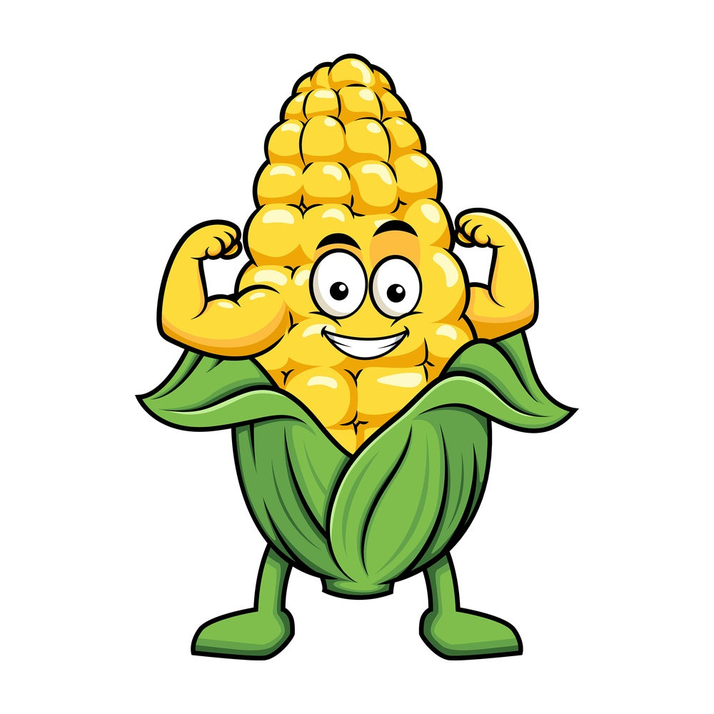 Maize cartoon character flexing muscles. PNG - JPG and vector EPS (infinitely scalable). Image isolated on transparent background.