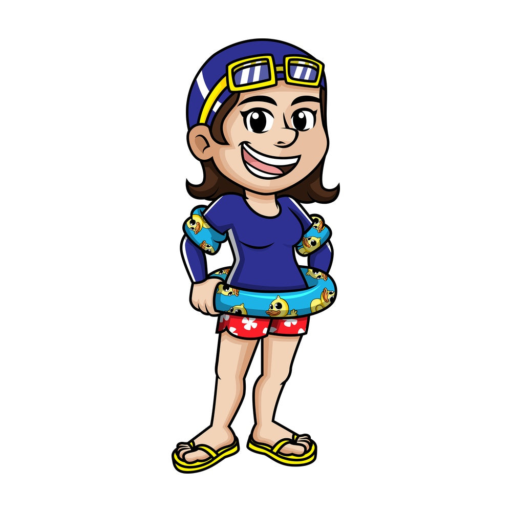 Girl wearing lifebelt and arm floats. PNG - JPG and vector EPS (infinitely scalable).