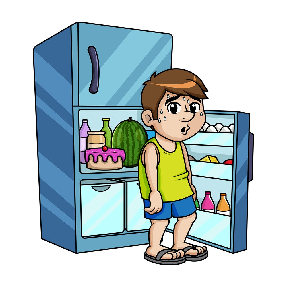 Sweating guy sitting in his freezer to cool off. PNG - JPG and vector EPS (infinitely scalable).