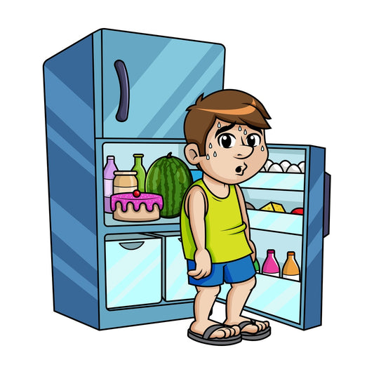 Sweating guy sitting in his freezer to cool off. PNG - JPG and vector EPS (infinitely scalable).