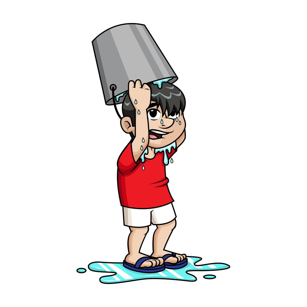 Guy pouring water on his head with bucket. PNG - JPG and vector EPS (infinitely scalable).