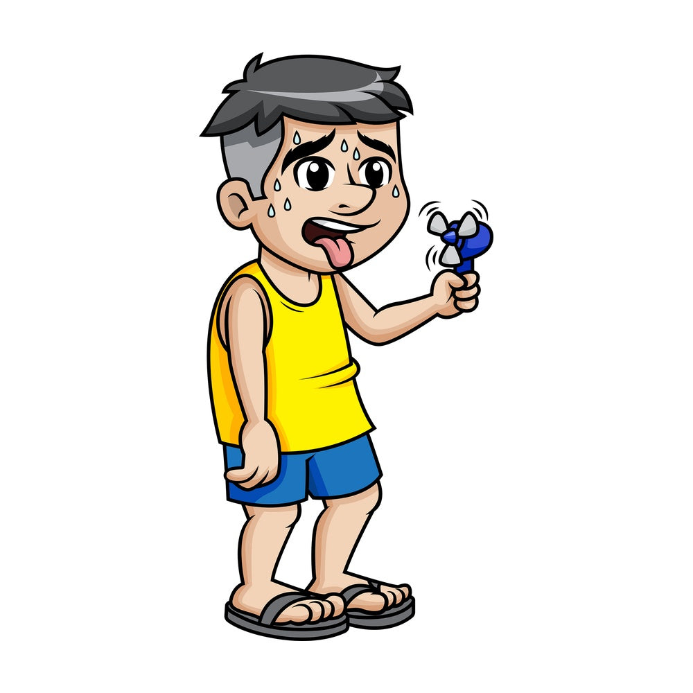 Sweating guy holding mini fan to cool off. PNG - JPG and vector EPS (infinitely scalable).