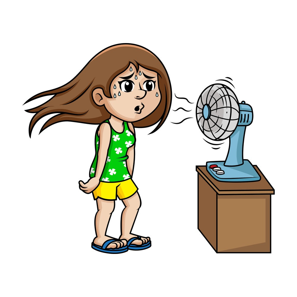 Sweating woman standing in front of electric fan. PNG - JPG and vector EPS (infinitely scalable).