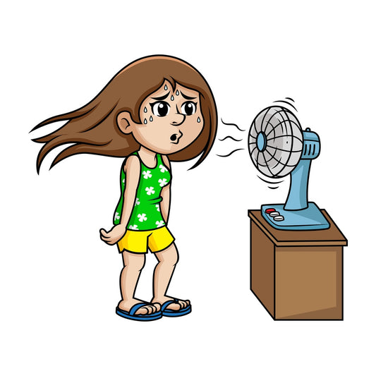 Sweating woman standing in front of electric fan. PNG - JPG and vector EPS (infinitely scalable).