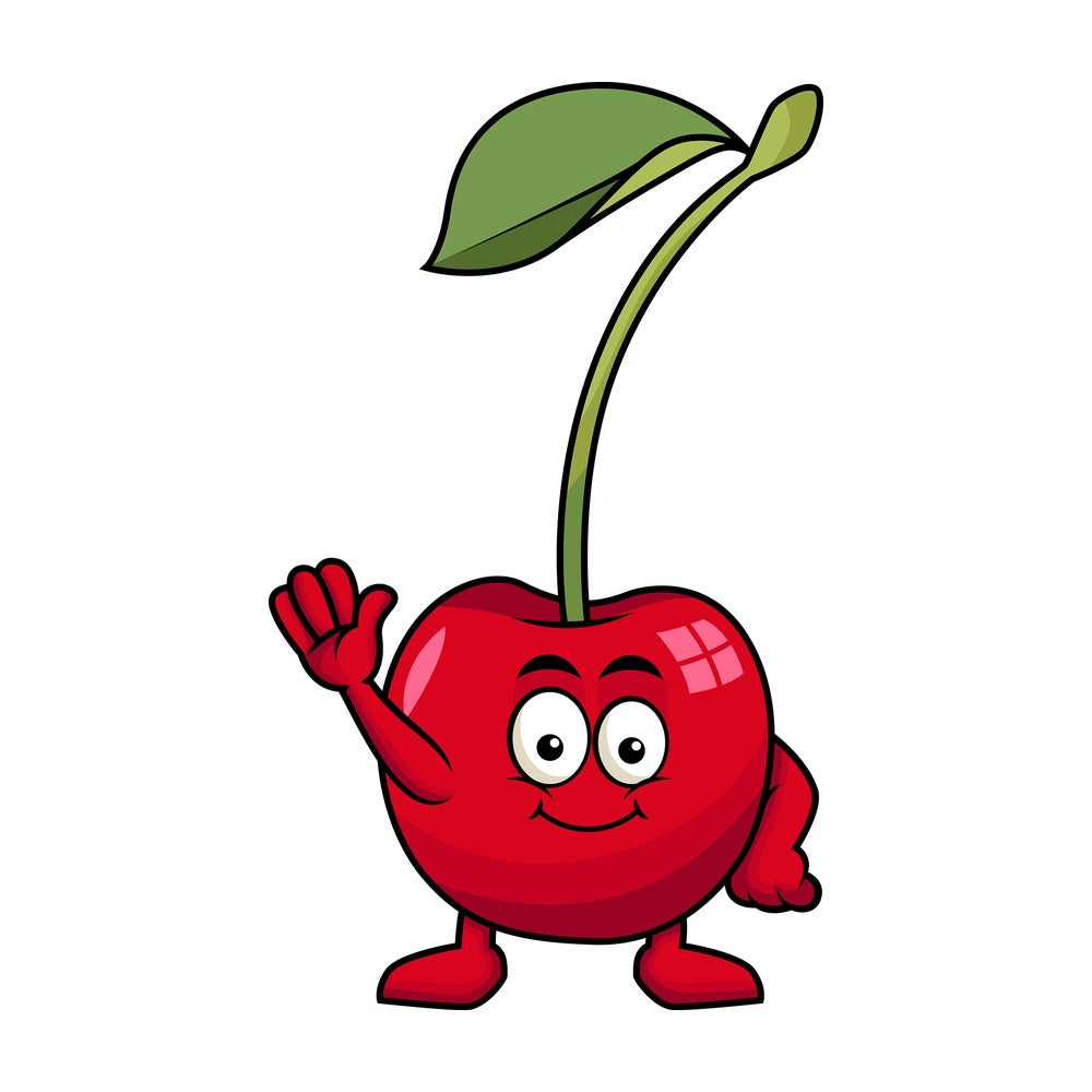 Cute cherry cartoon character waving. PNG - JPG and vector EPS (infinitely scalable). Image isolated on transparent background.