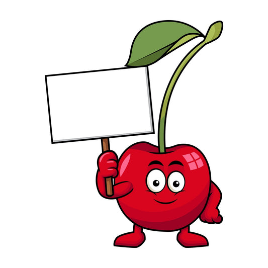 Cherry cartoon character holding blank sign. PNG - JPG and vector EPS (infinitely scalable). Image isolated on transparent background.
