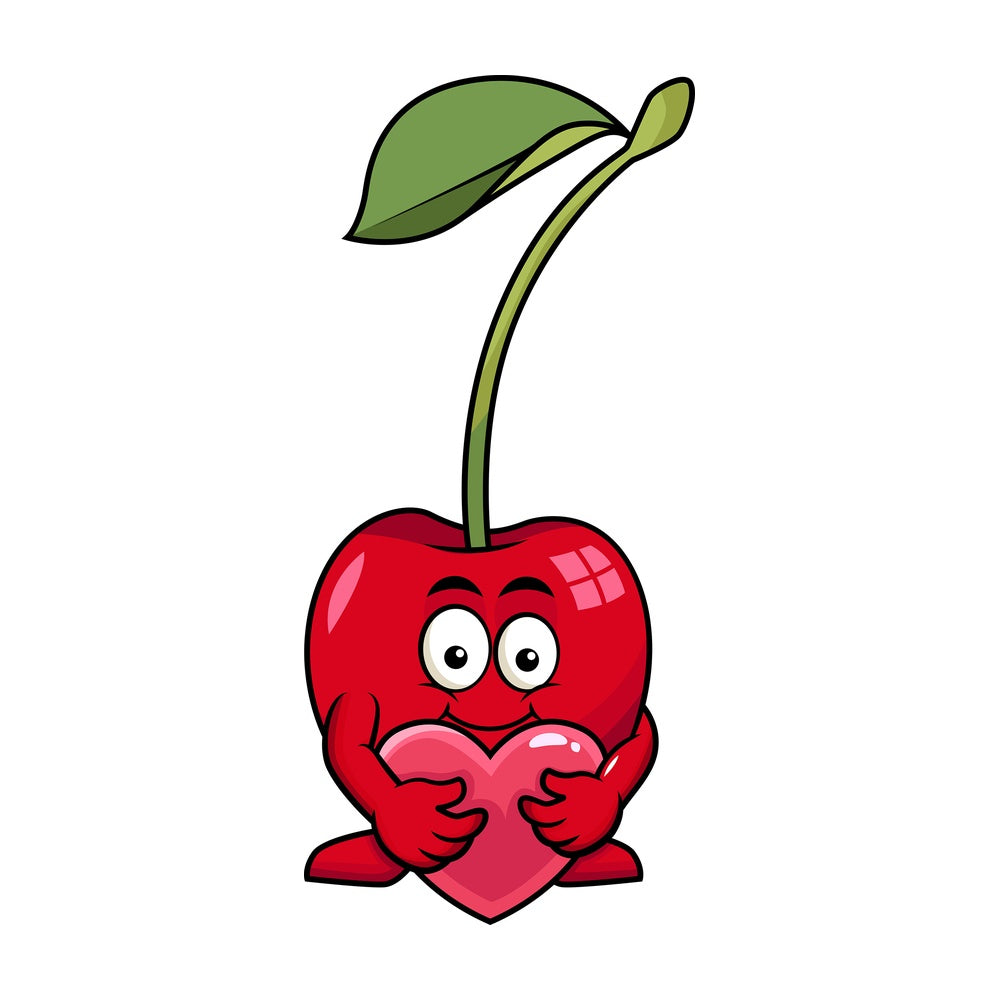 Cherry cartoon character hugging heart icon. PNG - JPG and vector EPS (infinitely scalable). Image isolated on transparent background.