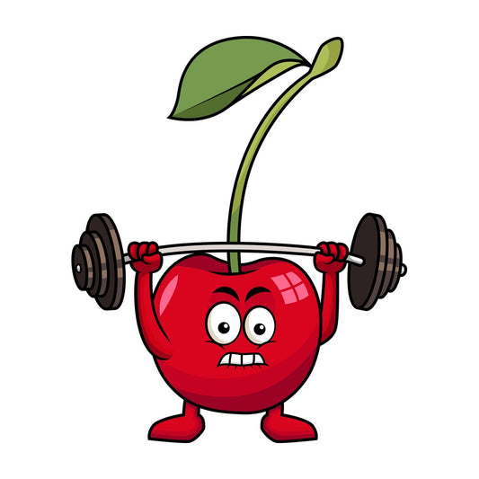 Cherry cartoon character lifting weights. PNG - JPG and vector EPS (infinitely scalable). Image isolated on transparent background.