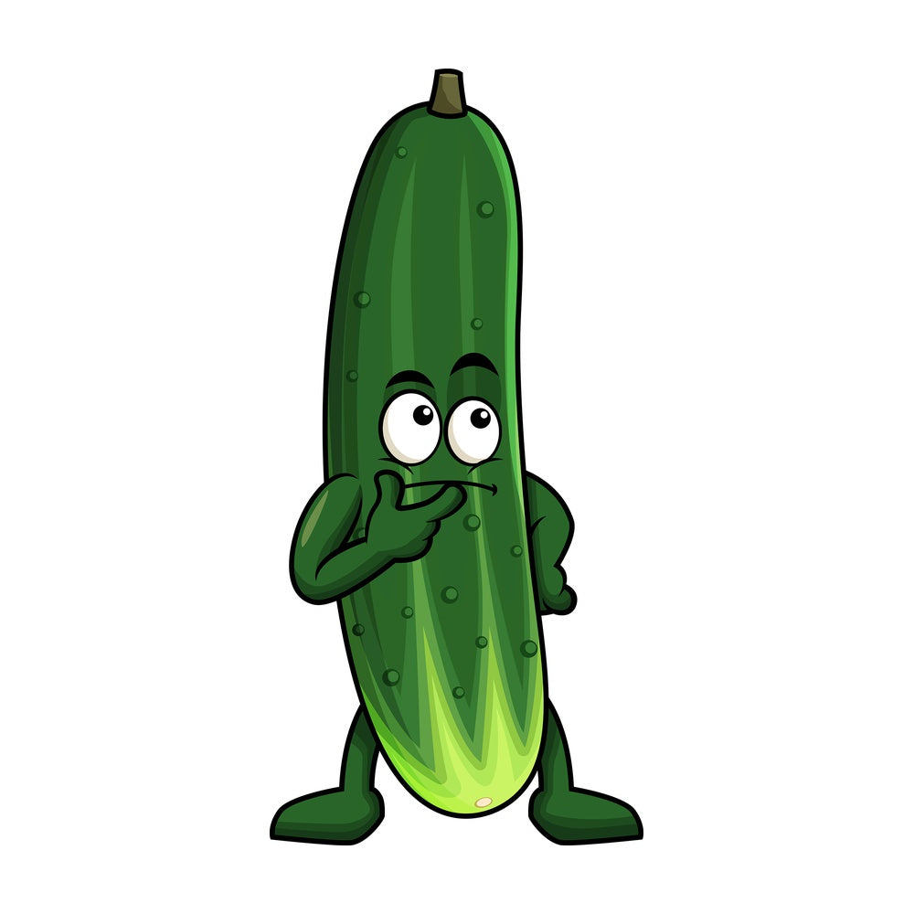 Cucumber cartoon character thinking. PNG - JPG and vector EPS (infinitely scalable). Image isolated on transparent background.