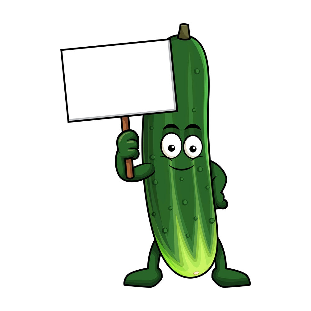 Cucumber cartoon character holding blank sign. PNG - JPG and vector EPS (infinitely scalable). Image isolated on transparent background.