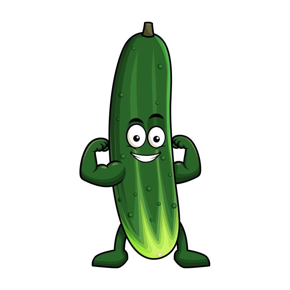 Cucumber cartoon character flexing muscles. PNG - JPG and vector EPS (infinitely scalable). Image isolated on transparent background.