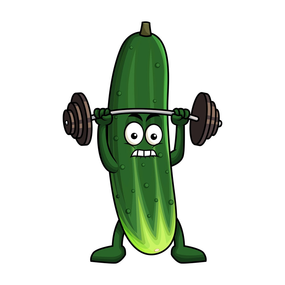 Cucumber cartoon character lifting weights. PNG - JPG and vector EPS (infinitely scalable). Image isolated on transparent background.